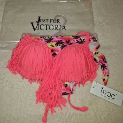 Maillot de bain 2 pièces rose fluo à franges et imprimé tropical - Inoo Beach